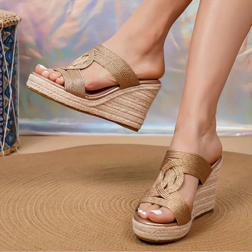 2/$50 Woven Metallic Gold Slide Sandals - Women